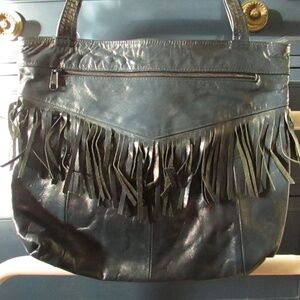 Fringed Blueish Black Leather Shoulder Bag